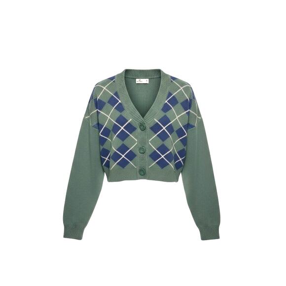 Y2k Hollister Argyle Knit Green/Blue Slight Crop Cardigan Sweater Size Medium - Picture 14 of 14